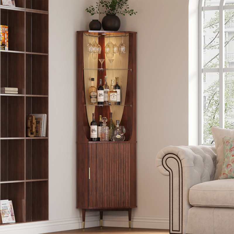 Armoire de bar de 70 po de hauteur avec rangement pour le vin, armoire de bar moderne Mid-Century avec porte-verre et lumières