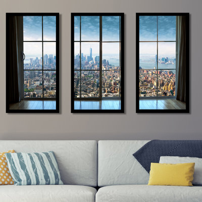 New York City Window - Ensemble de 3 photos encadrées
