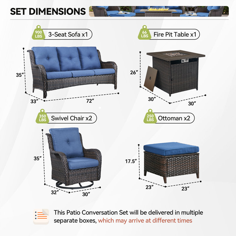 Deeominia 6-Piece All-Weather Wicker Rattan Square Fire Pit Table Conversation Set With Swivel Gliders, Blue, Brown