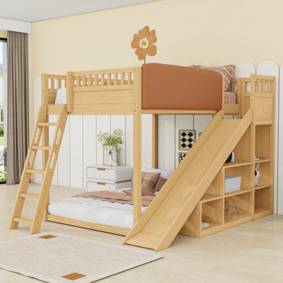 Wood Loft Bed with Slide and Storage