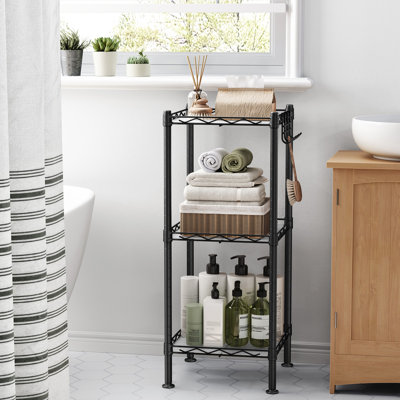 Étagère de salle de bain à 3 niveaux SONGMIC, avec 3 doublures de tablette en PP, support de rangement pour petit espace, crochet amovible, design extensible, argent et translucide
