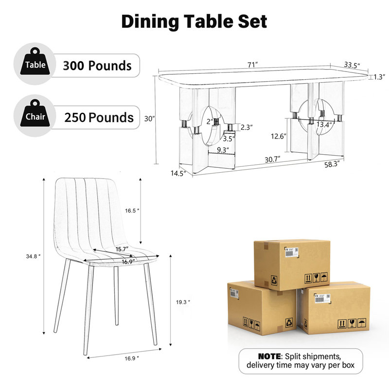 Table en marbre moderne et ensemble de chaises en velours 4/6 pour petits espaces cuisine / appartement / salle à manger