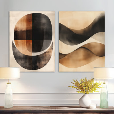 Art mural abstrait brun 2 pièces, courbes minimalistes brunes, toile courbe minimaliste