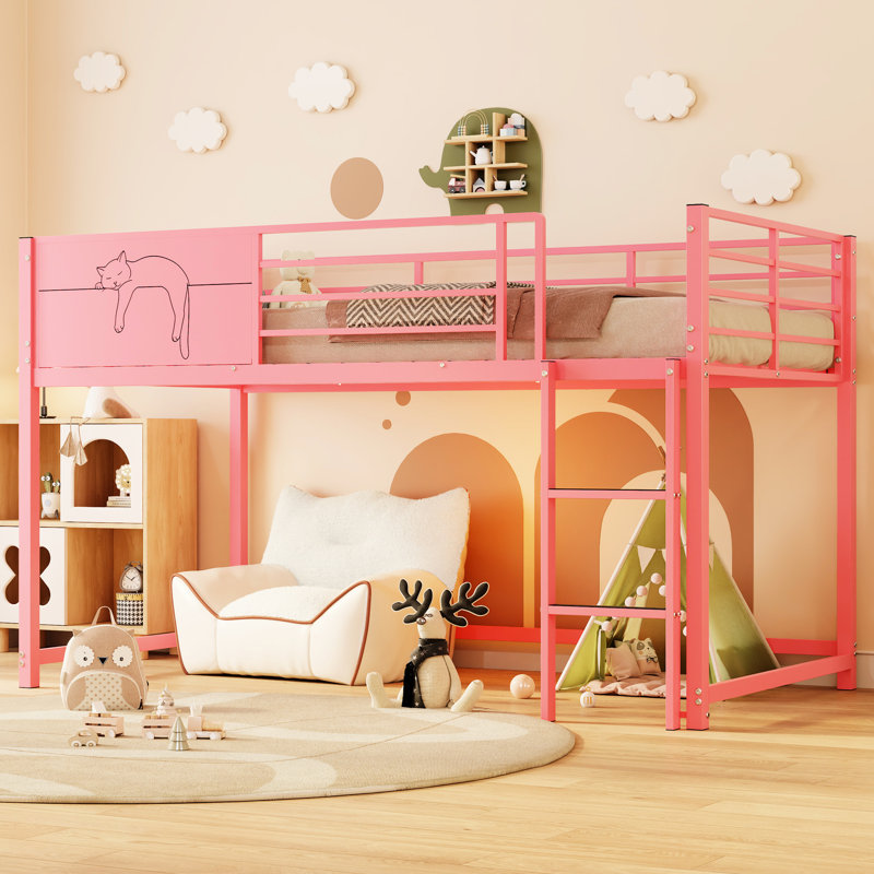 Lit superposé simple en métal rose avec garde-corps et chariot, coffre-fort orienté confort, sans sommier, assemblage au ressort nécessaire, stable pour jouer, créez votre espace