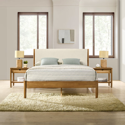 Vichy 3-Piece Rubberwood Corduroy Bedroom Set, Platform Bed With Two Nightstands by Bay Isle Home