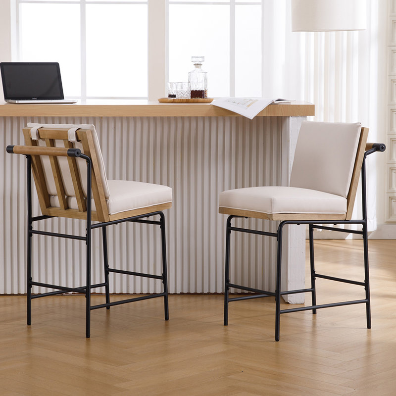 Dossier de tabouret de bar moderne rembourré avec accoudoirs poussables, tabouret de comptoir élégant avec repose-pieds, pour bar / îlot de cuisine / comptoir de réception (ensemble de 2)
