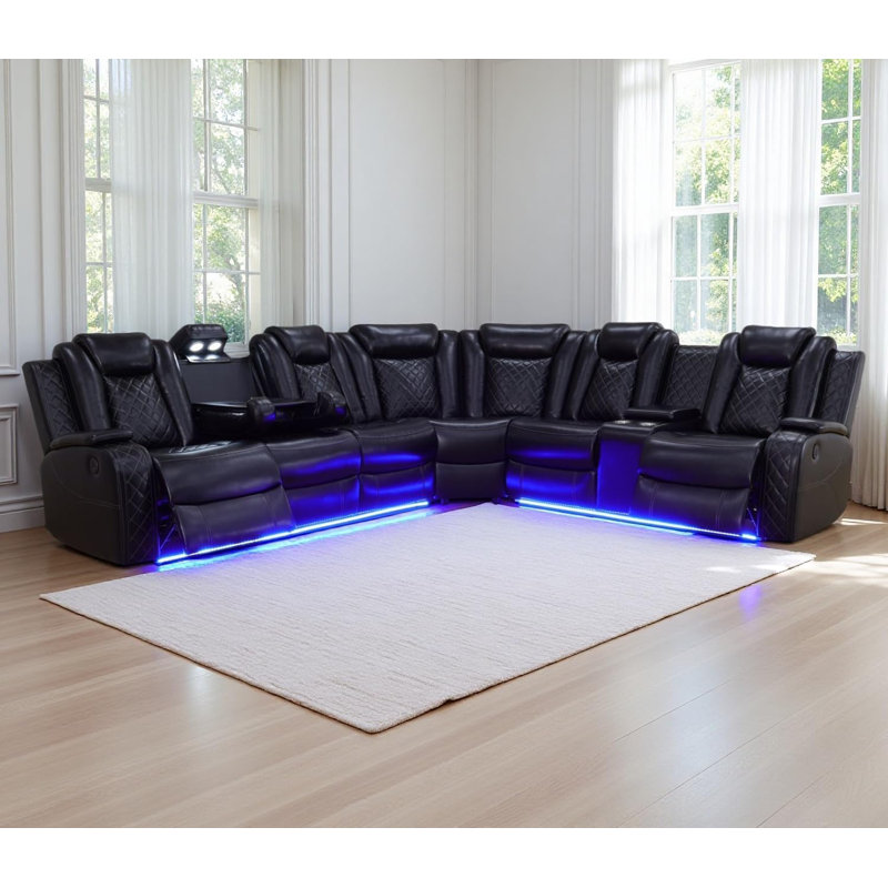 Canapé modulaire inclinable électrique en cuir Shamla, Noir, noir, noir, noir