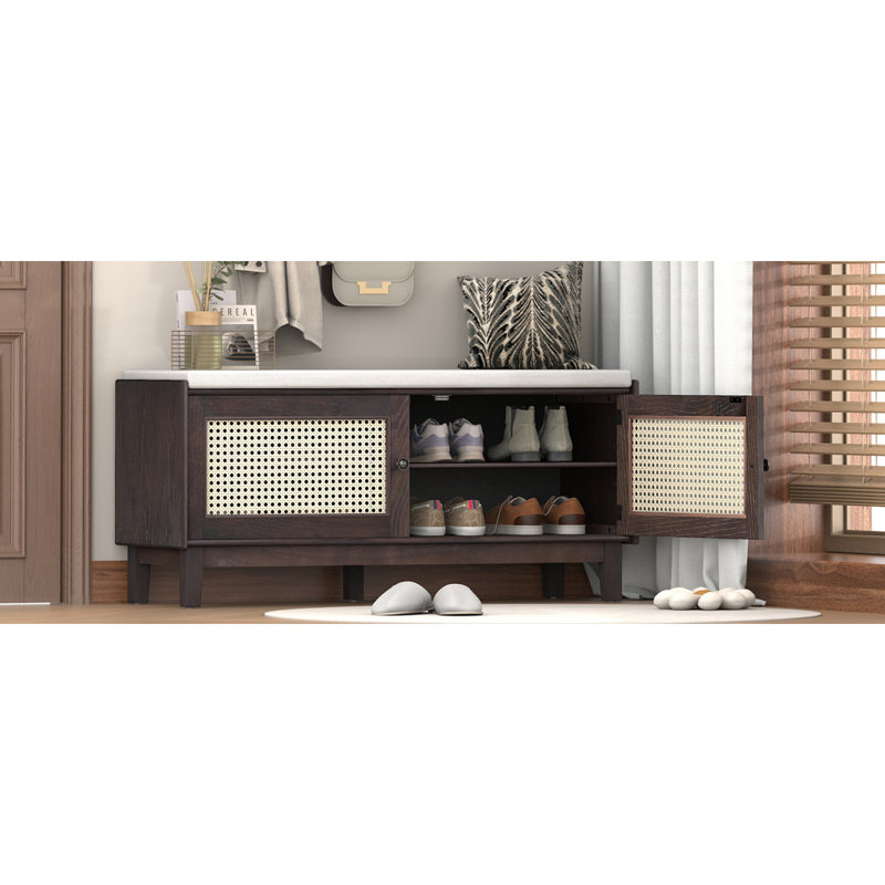 Banc de hall d'entrée en rotin avec rangement Trexm Boho, White