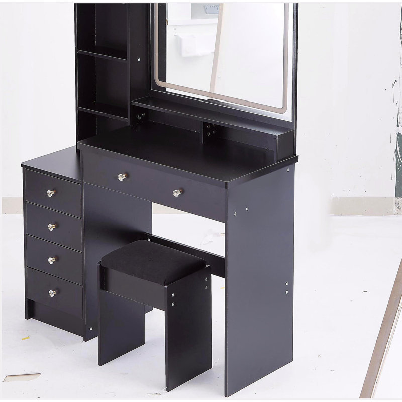 Meuble-lavabo de 41 po avec tabouret de chevet de grande taille et tabouret rembourré de 41 po, très grand miroir à DEL à commande tactile, interrupteur à 3 couleurs, commode à plusieurs étages avec rangement haute capacité, convient aux grands espaces