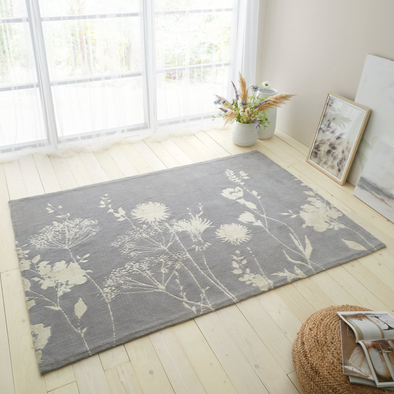 Meadowsweet Floral Machine Woven Grey/White Rug, Rectangle 120 x 170cm