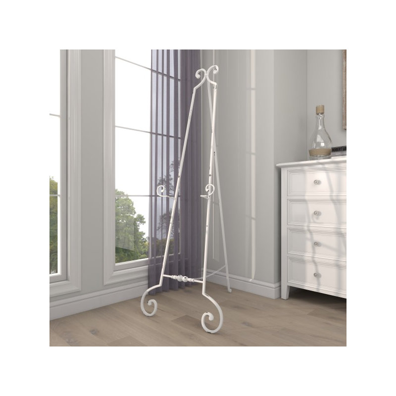 Opalo White Metal Large Free Standing Adjustable Display Stand Scroll Easel with Chain Support, 60.5" H x 20.3" W x 27" D