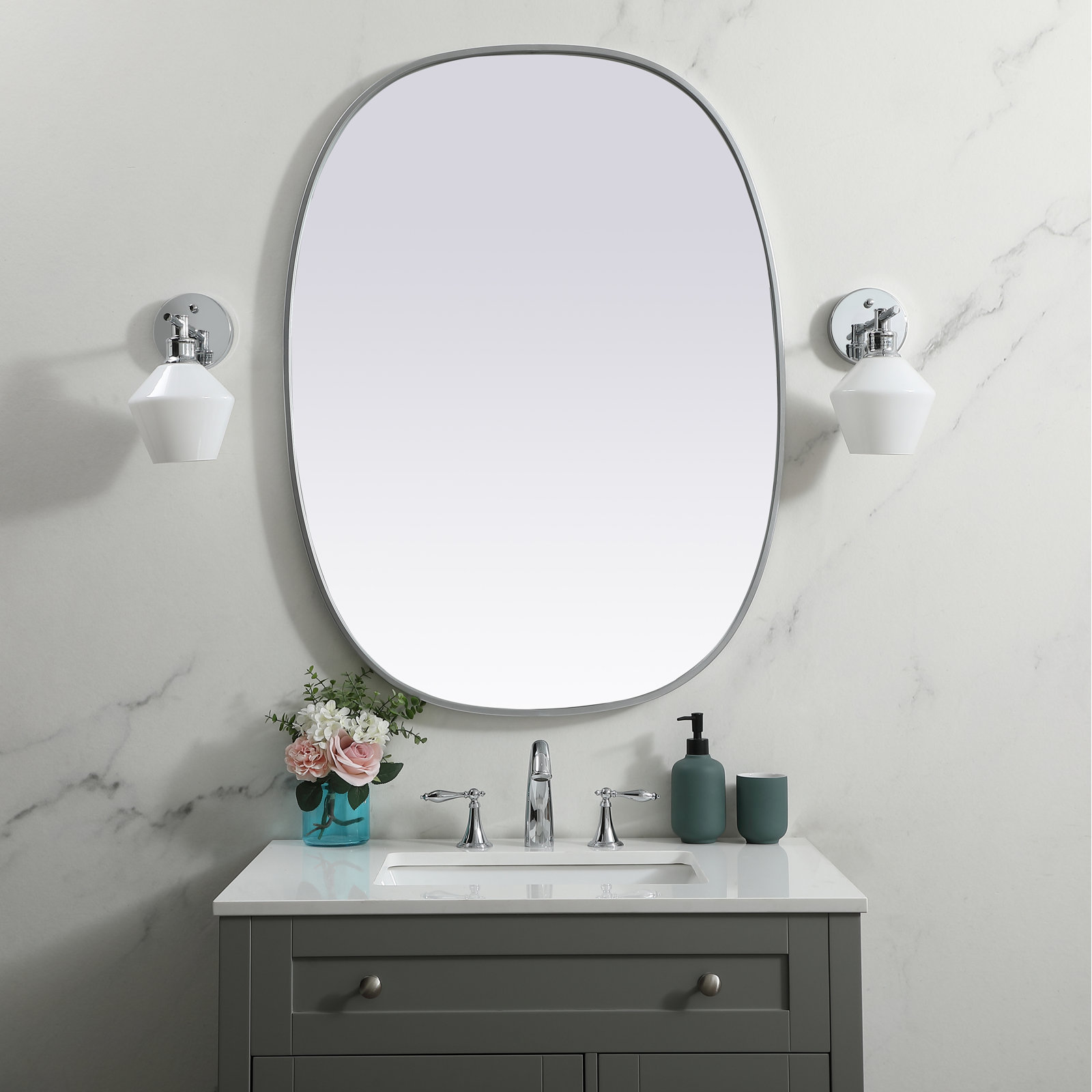 Sabine Metal Curved Oval Wall Mirror, Silver, 40" x 30"