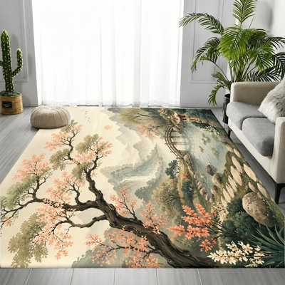 Japanese Oriental Cherry Blossom Landscape Area Rug, Elegant Traditional Nature Painting Pattern, Soft Durable, Machine Washable Non-Slip Floor Carpet, Artistic Stylish Home Decor for Living Room, Bedroom, Dining Room, Hallway, Office, Study