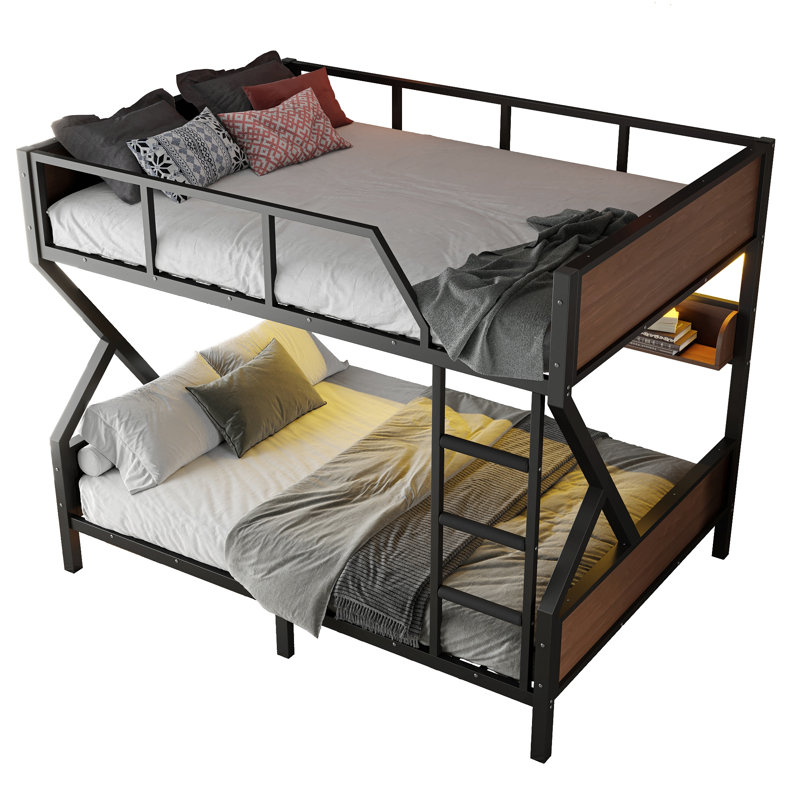 Queen Over Queen Bunk Bed, Metal Bunk Bed With Storage Shelves And Lights, Space-Saving & Noise-Free Design