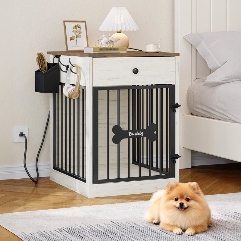 Meuble de rangement pour chien 24,6 po avec rangement et chenil d'intérieur pour chien | Caisse pour petit chien avec station de charge, meuble pour chenil et table d'appoint avec rangement pour petits chiens, brun blanc