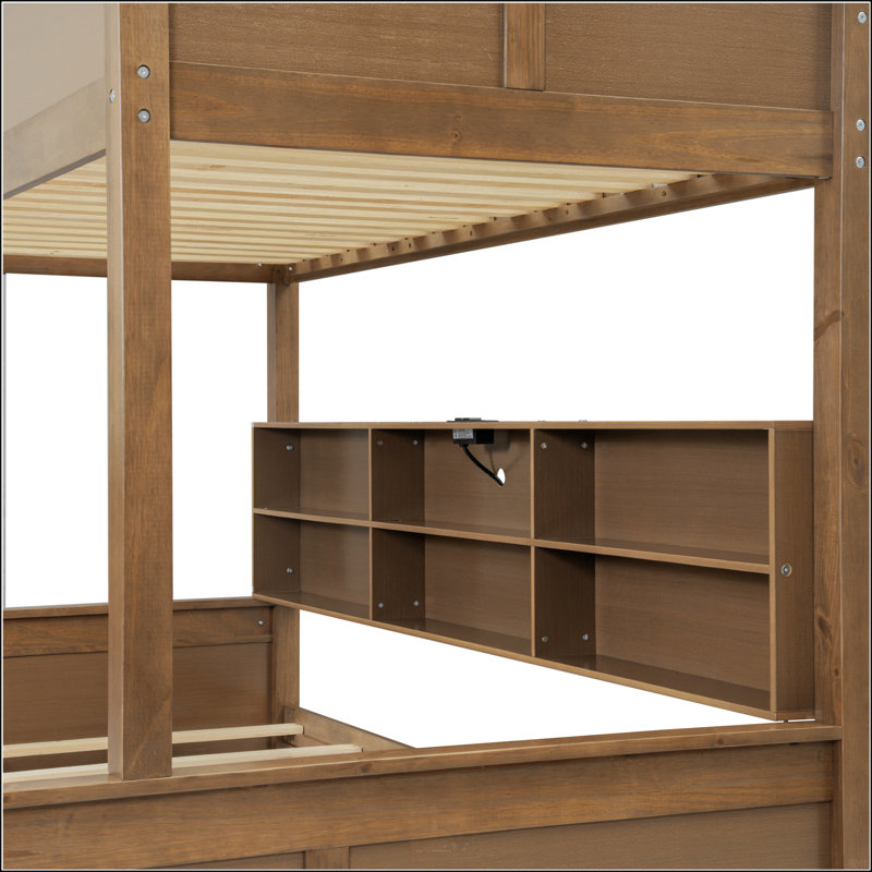 Lit simple superposé au-dessus de grand lit simple avec armoires de rangement et ports USB, Bois
