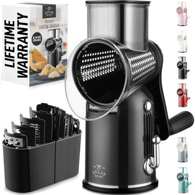 Zulay Kitchen Rotary Cheese Grater 5 Blade Cheese Shredder - Manual Hand Crank Cheese Grater With Reinforced Suction & 5 Interchangeable Drums
