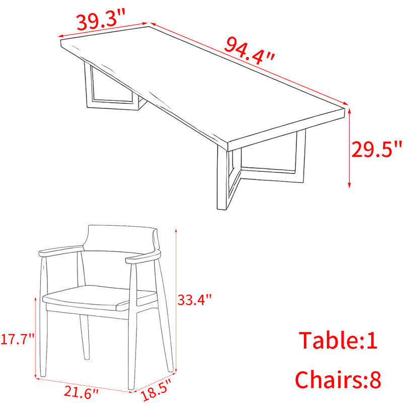 Modern solid wood rectangular dining table set, 29.5"H x 94.4"L x 39.3"W