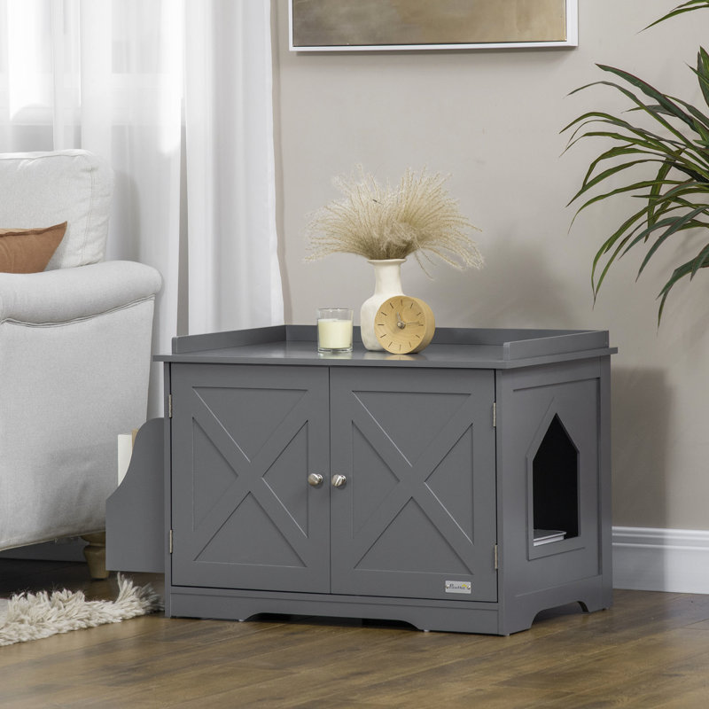 de litière pour chat de style gris, avec porte magnétique et espace intérieur pour l'enceinte d'organisation