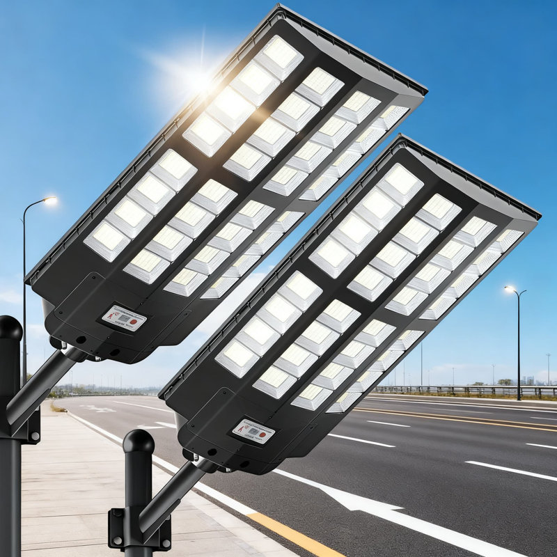 Lampadaires solaires 8600W d'extérieur avec capteur de mouvement, éclairage crépuscule à l'aube de 320 °, IP66 imperméable pour les stationnements commerciaux, les cours et les parcs (paquet de 2)