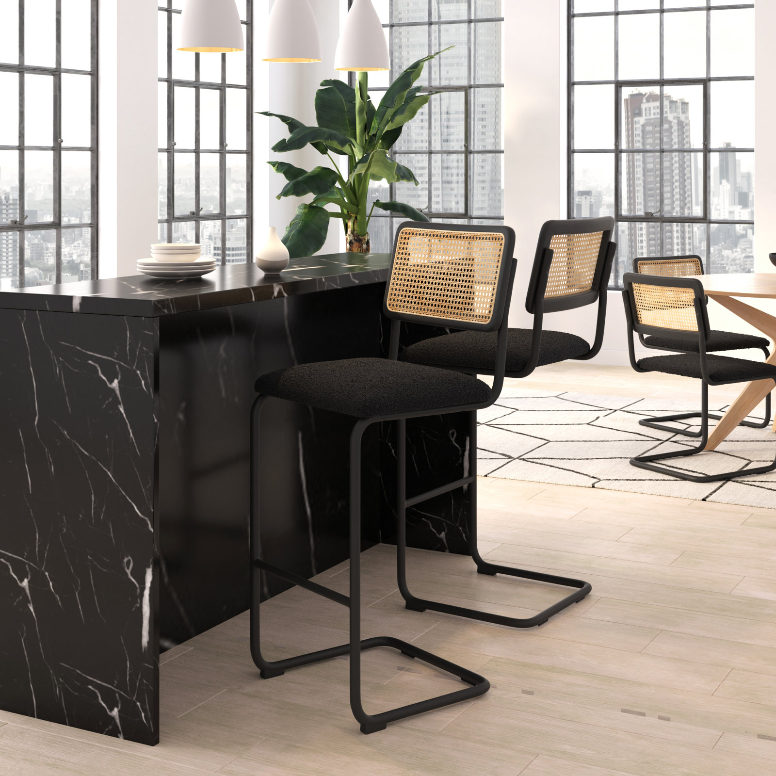 Walsh Bar and Counter Stool, Bar Stool (30” Seat Height), Black Boucle/ Black Frame