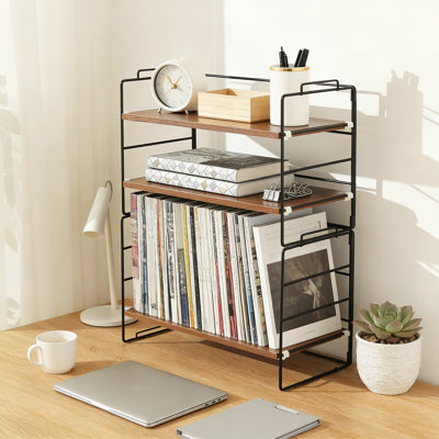 Organisateur de tablette de bureau en bois avec structure en métal, support de rangement de bureau réglable et empilable à 2 niveaux pour les fournitures de bureau, la cuisine ou l'organisation de la salle de bain