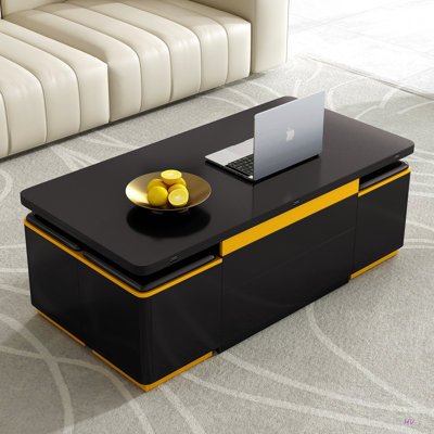 Lift-Top Coffee Table With 4 Storage Stools, Modern Space Saving Centre Table With Foldable Top, Multi-Functional Adjustable Coffee Table For Living Room