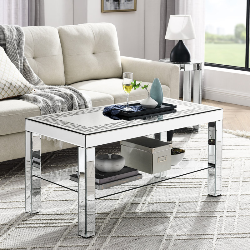 Table basse Cool Mirror avec bordure incurvée, verre argenté pour cadre de salon moderne