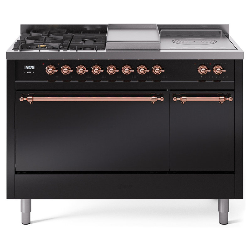ILVE Nostalgie II 48 in Dual Fuel Range, 5 Burner, Griddle, Frenchtop, Natural Gas, Glossy Black/Copper