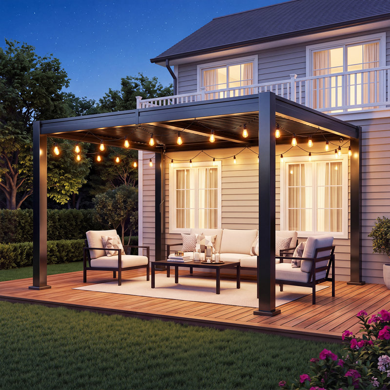 Pergola extérieure à persiennes l 12 pi x P 10 pi avec toit réglable et drainage intégré, pavillon de patio entièrement en acier résistant à la rouille