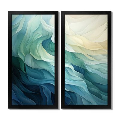 «Green and White Sway Wave Serenity - Abstract Geometric Wall Decor», ensemble d'art mural encadré abstrait vert