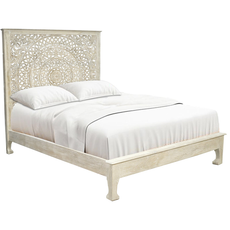Aarohi Solid Wood Low Profile Standard Bed, Queen, Limestone Beige