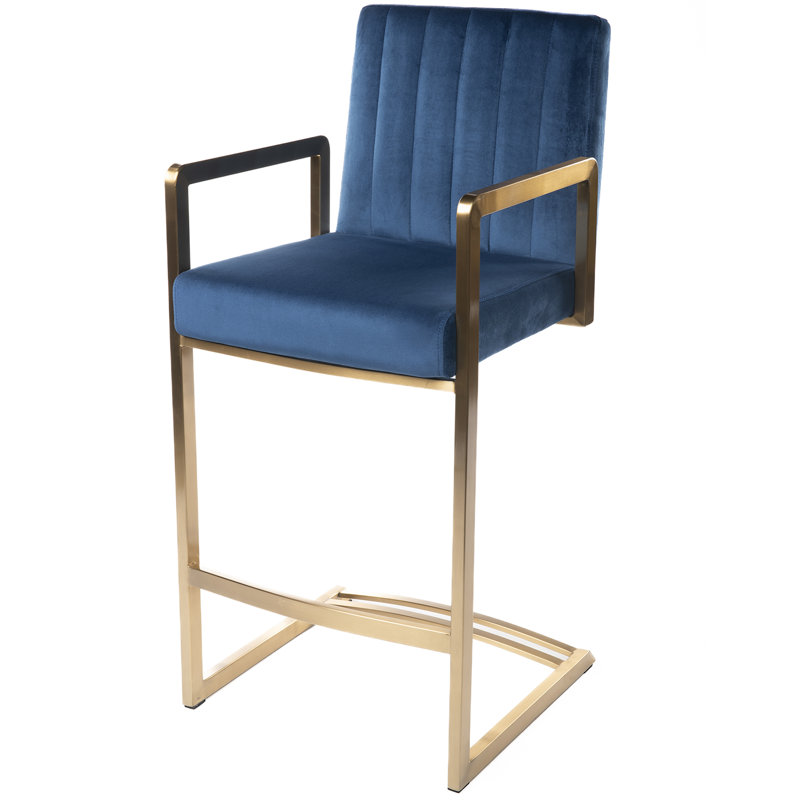 Tubo Brass Stainless Steel Upholstered Velvet Seat Counter Height Barstool with Arms, Blue
