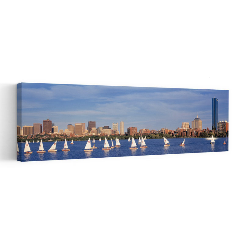 View Of Boats On A River By A City Charles River Boston Massachusetts USA by James Schwabel - Wrapped Canvas Panoramic Print
