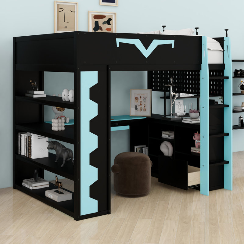 Advanced Gamer Bed With Loft Design, Integrated Desk,And Storage, Blue
