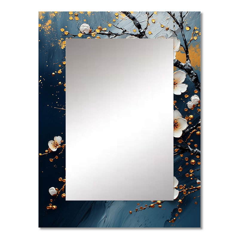Blue Gold Cherry Blossom Branch In China I - Miroir décoratif cerisier en fleurs, miroir mural traditionnel, impression sur métal