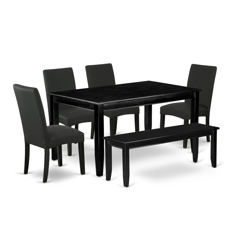 6 Piece Dining Room Table Set Contains a Rectangle Wooden Table and 4 Black Color Linen Fabric Upholstered Chairs with a Bench, 36x60 Inch, Black