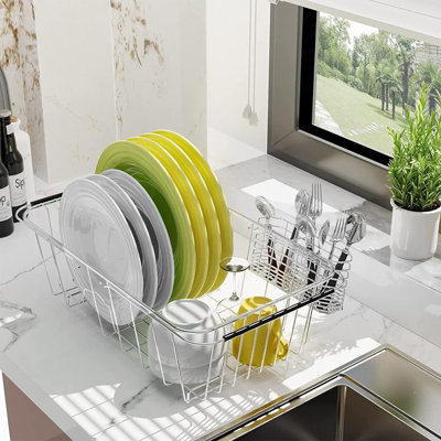 Expandable Stainless Steel Sink Dish Drainer Rack With Removable Utensil Holder - Adjustable Drying Rack Organizer For Kitchen Countertop Or In-Sink Use