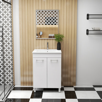 Meuble-lavabo de 24 po avec lavabo et miroir, portes doubles avec charnières à fermeture douce, armoire de salle de bain avec tablette ajustable, poignée en métal, lavabo en céramique, pieds argent réglables, blanc brillant
