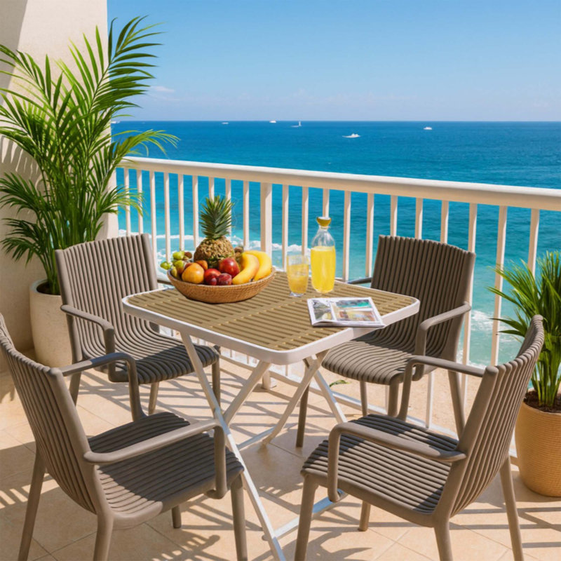 4Pcs Stackable PP Armchair For Indoor/Outdoor Use -Ergonomic Slatted Back With Modern Folding Indoor/Outdoor Multi-Functional Square Table- PP Tabletop With Metal Legs