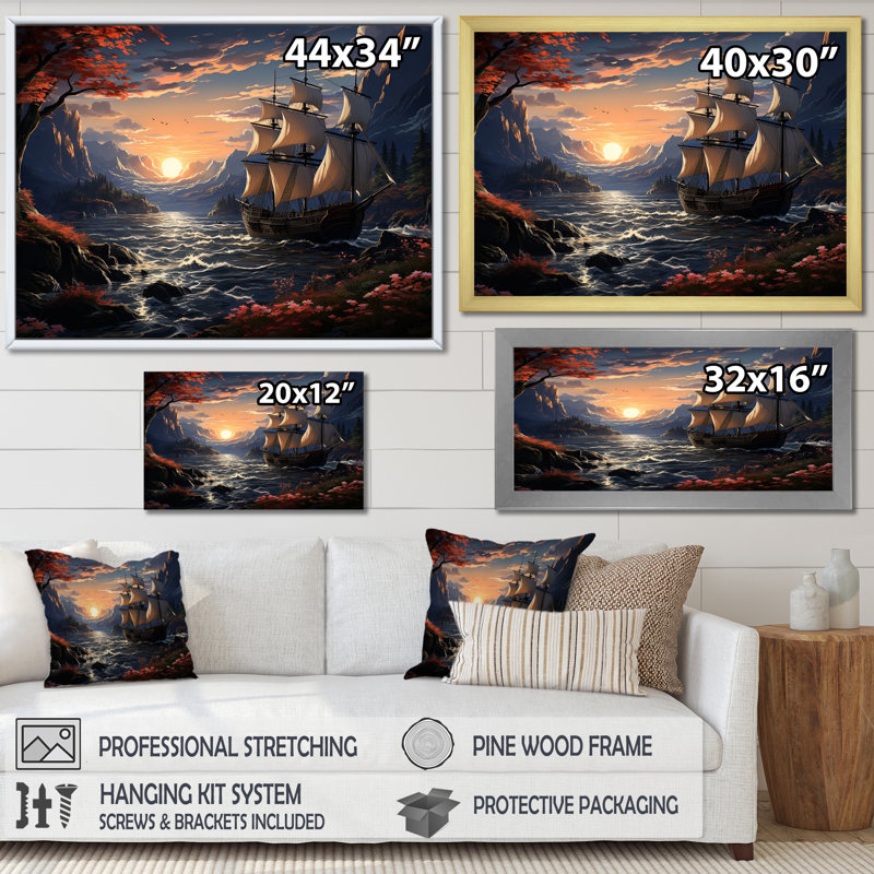 Bateau pirate au milieu de Legacy III - art mural pirate, H 12 po x l 20 po x P 1 po, Toile tendue