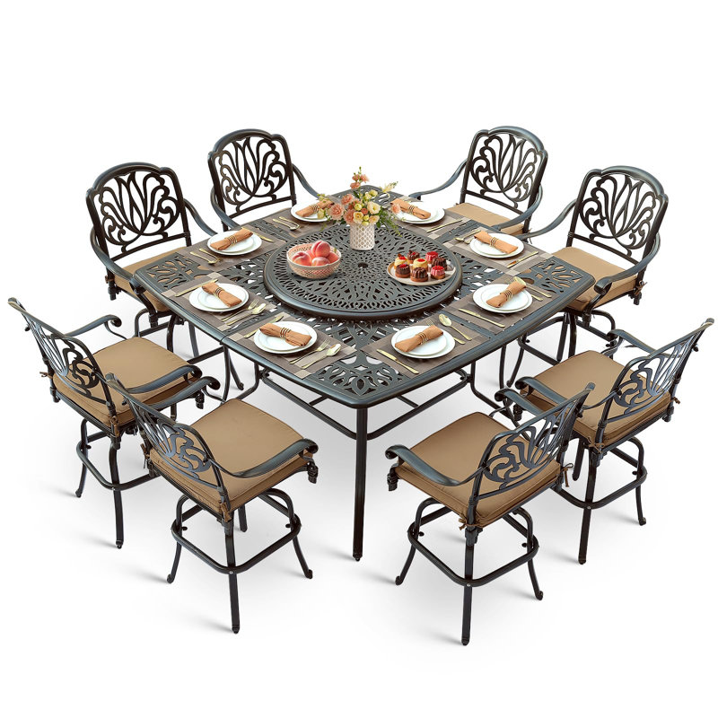 10-Piece Outdoor High Patio Dining Set, All Weather Cast Aluminum Outdoor Bar Table And Chairs Set, Includes 8 Swivel Bar Stools & 63.98" Bar Height Dining Table With 35.38" Lazy Susan, Umbrella Hole