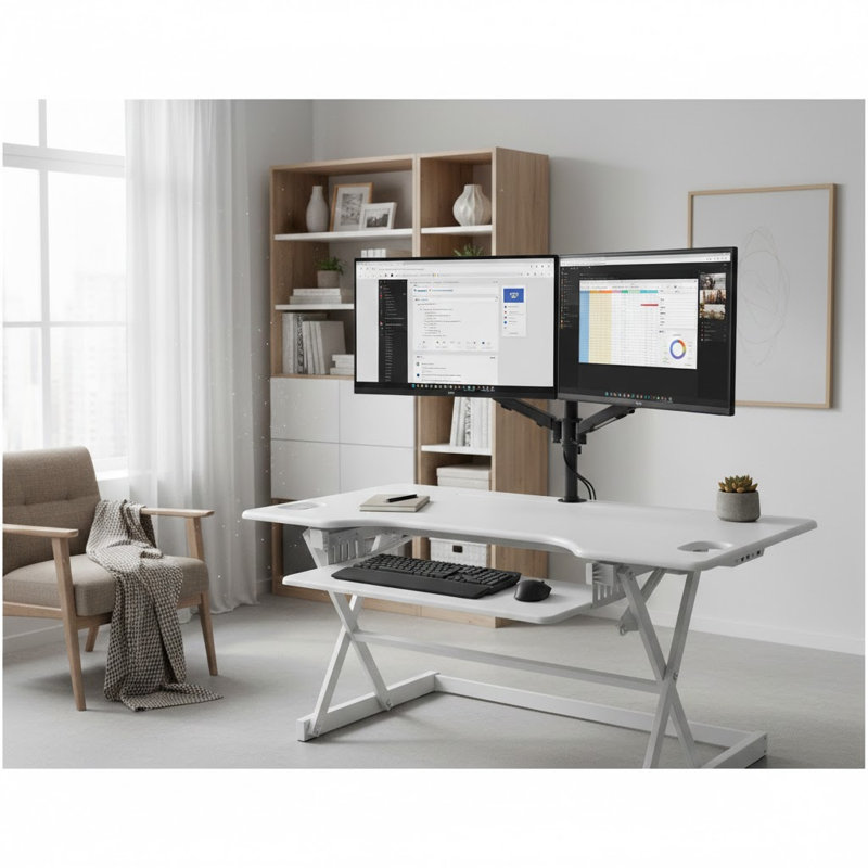  Convertisseur de bureau debout à hauteur réglable blanc 46 po avec support pour écran double et plateau pour clavier profond