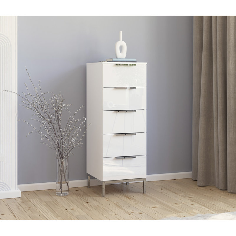 Flipp 5 - Drawer Chest of Drawers, Alpine White/White Glass/Chrome