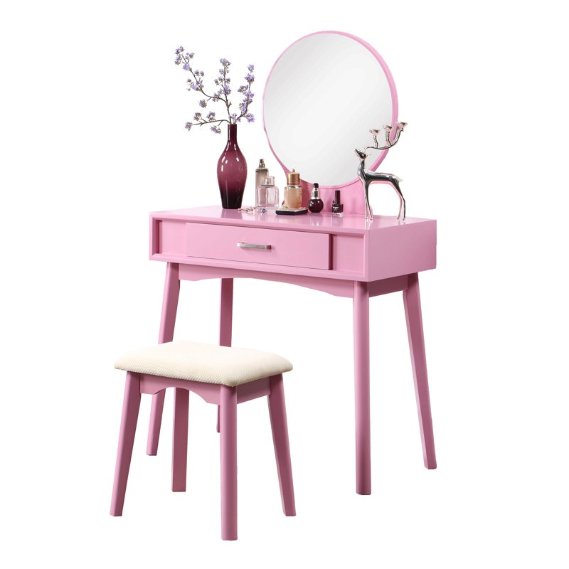 Contemporary Wood Vanity And Stool Set, Pink
