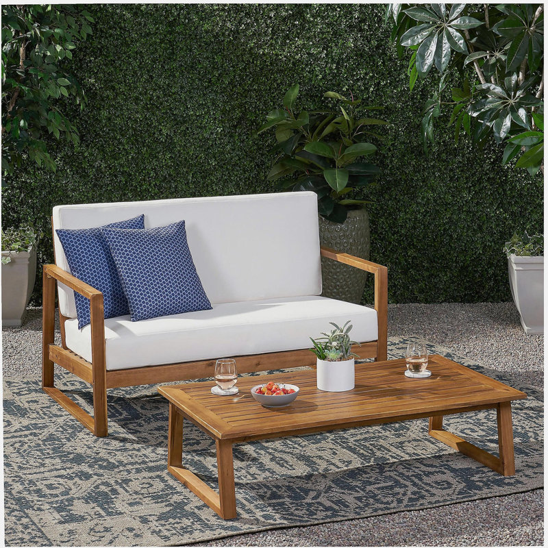 Causeuse et table basse Belge, Coussin blanc / structure naturelle