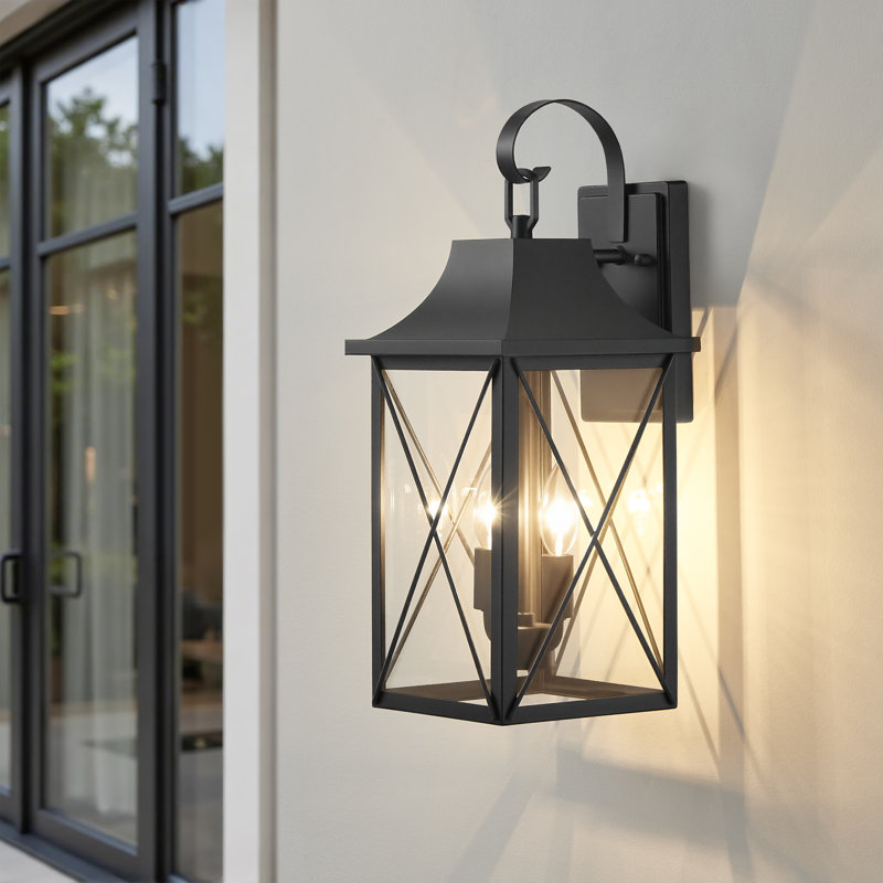 2-light Black Metal Outdoor Wall Lantern With Clear Glass Panels