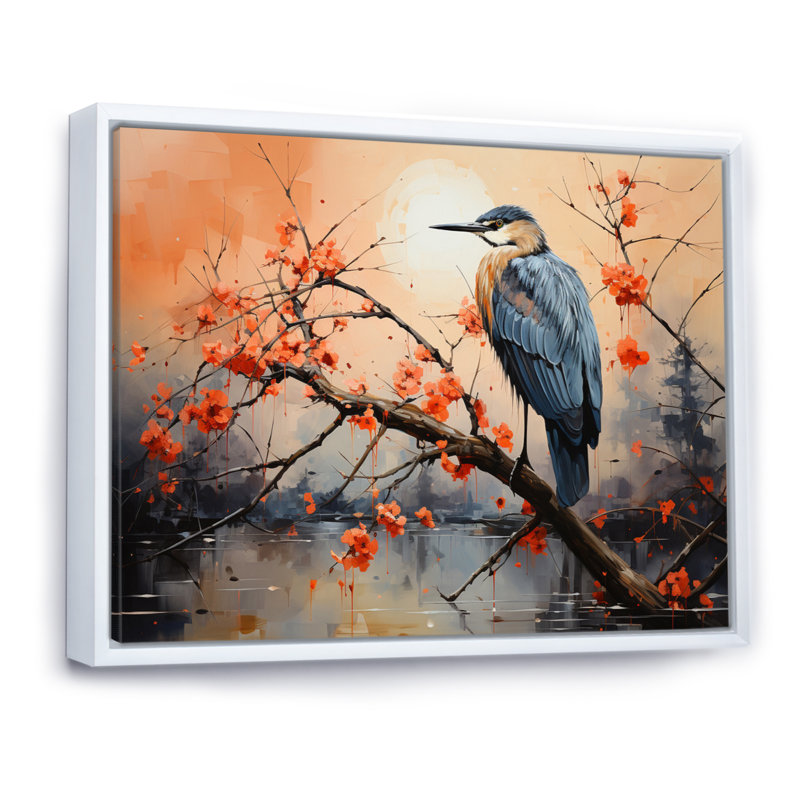 Coral Grey Heron Solitude Pointillism I - Animals Wall Art Prints, H 16 po x l 32 po x P 1 po, Cadre flottant blanc
