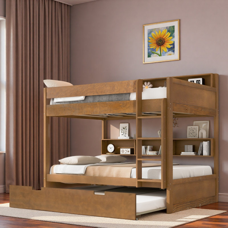 Lit superposé avec lit gigogne et rangement intégré, Simple sur simple, Bois antique