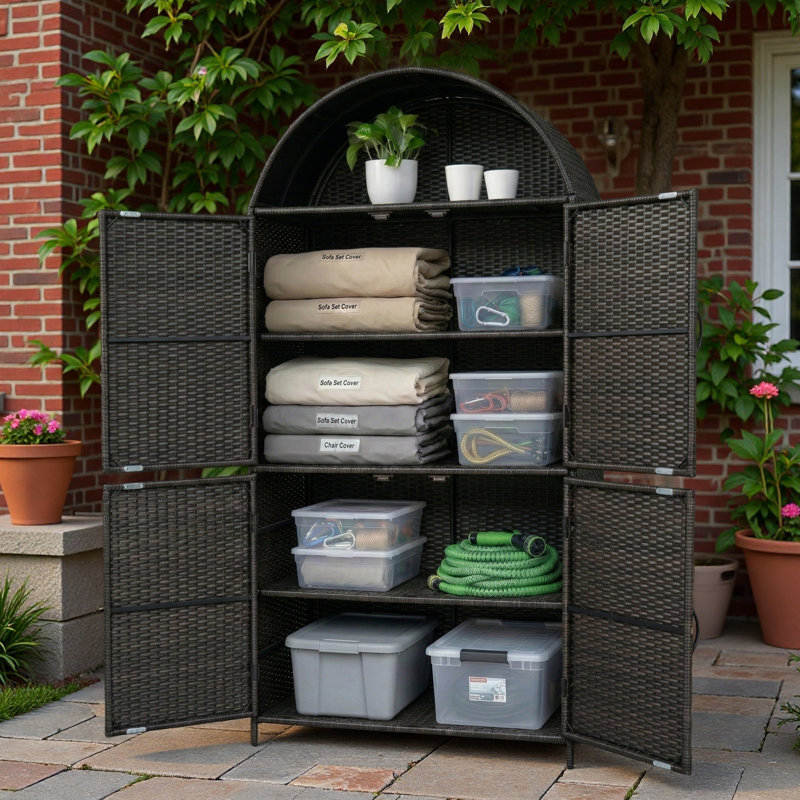 Grande armoire de rangement extérieure en osier avec tablettes réglables, tablette supérieure ouverte et pieds de support réglables en hauteur